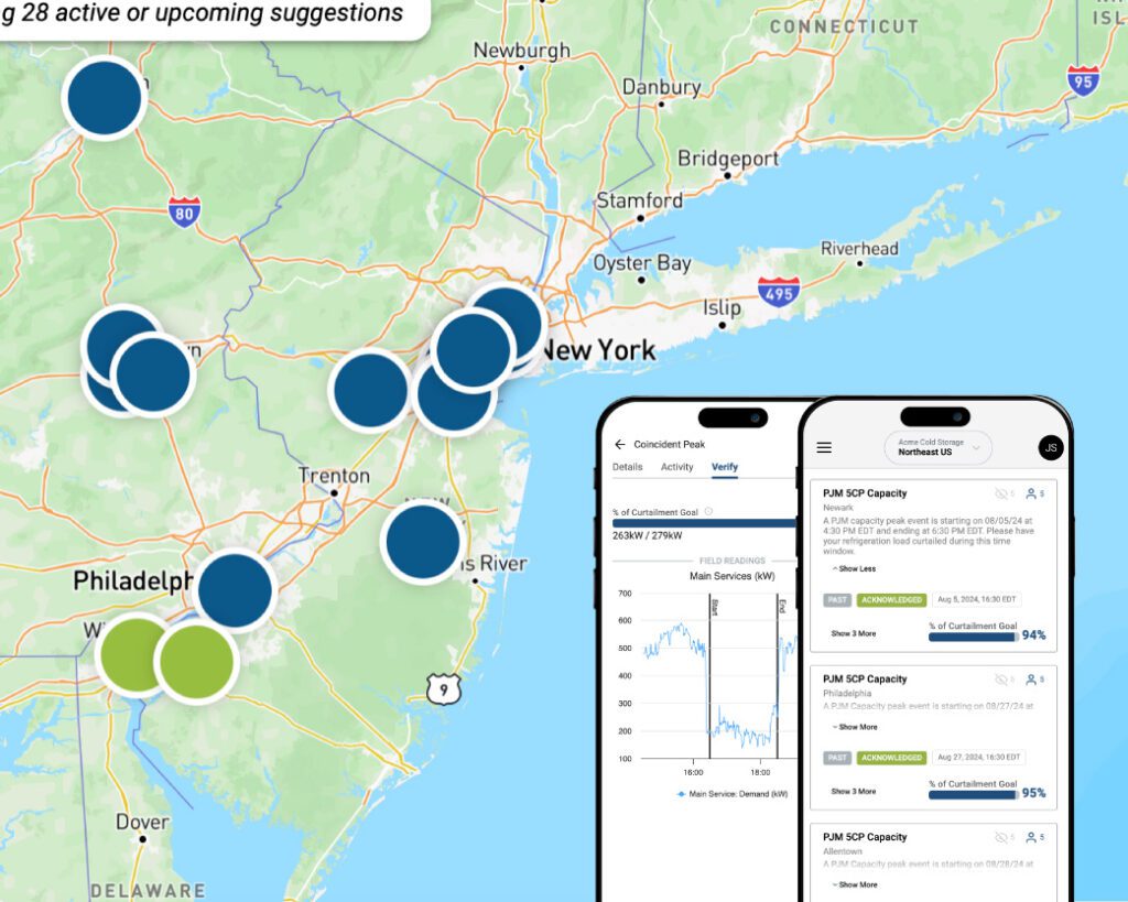 Points on a map of Pennsylvania and New Jersey, overlaid with mobile phone images showing coincident peak alerts