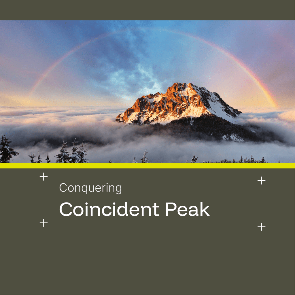 Coincident Peak graphic showing a mountain peak in sunlight with a rainbow